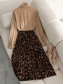 Franclia Plus Size Women's Elegant Patchwork Beige Autumn Long Sleeve Midi Dress,Casual Lapel Collar Neckline Belted Pleated A Line Skirt Dinner Wedding Guest - Khaki - View 2