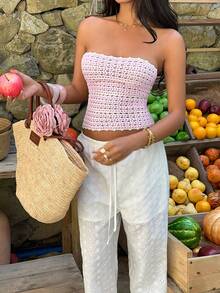 Sunnyshic Women's Strapless Vacation Striped Colorblock Sweater - Baby Pink - View 6