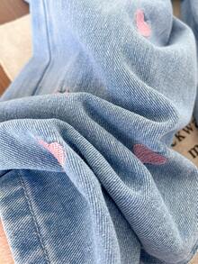 SHEIN 1pc Tween Girl Heart Emboidery Button Pront Loose Fit Denim Pant, Cute Heart Pattern Jean Pant - Blue - View 5