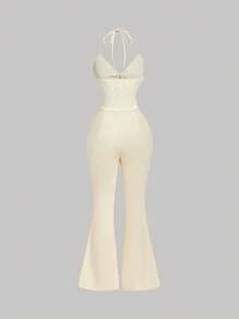 SHEIN MOD 女士蕾丝拼接优雅露背喇叭连体裤 - 卡其色 - 查看 2