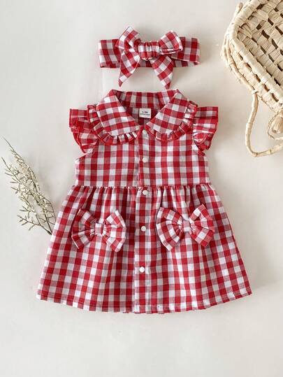 SHEIN Newborn Casual Everyday Bowknot Red & White Plaid Ruffle Sleeve Dress + Headband, Versatile For Summer Outings, Photos, Daily Wear, School, And Home