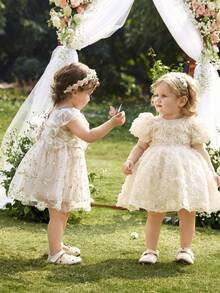 SHEIN Elegant & Cute Apricot Floral Mesh Short Sleeve Babygirl Dress A Loose And Adorable Stand-Up Collar 3D Flower And Rose Embroidery Net-Sheer Puffy-Sleeved Back Bow Dress For Girls, In Peach And Champagne Colors. Suitable For Weddings, Children's Floral Wear, And Birthday Parties  Elegant Cute Mesh Dress For Baby Girl Baby Girl Fluffy Dress Newborn Baby Girl Dress Luxury Baby Girl Dress Baby Girl Dress And Jacket Set Baby Girl Tulle Dress - Multicolor - View 7