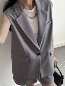 Strévra Women's Casual Collared Sleeveless Jacket And Shorts 2 Pieces Set - Grey - View 6