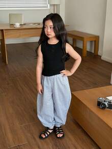 DAZY 两件套女童纯色圆领无袖上衣和格子裤套装，秋季服装 - 黑色 - 查看 5