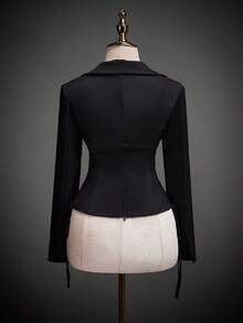 SHEIN ICON 女士时尚深色系带长袖修身上衣 - 黑色 - 查看 8