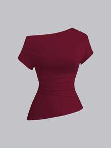 Sweetra Damen Einfarbiges asymmetrisches Schulter Lässig Komfort T-Shirt - Verschiedenfarbig - Übersicht 4