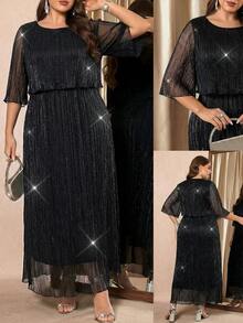 Reflora Plus Size Solid Color Round Neck Raglan Mid-Sleeve Elegant Minimalist Long Dress - Black - View 1