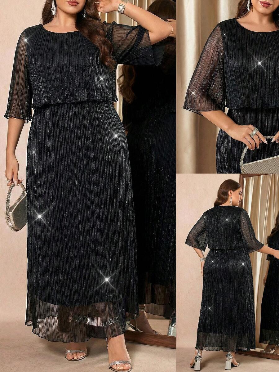 Reflora Plus Size Solid Color Round Neck Raglan Mid-Sleeve Elegant Minimalist Long Dress - Black - View 1