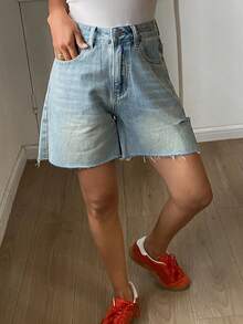 DAZY High Waisted Distressed Frayed Flare Leg Denim Shorts For Women Jorts - Light Wash - View 3