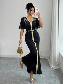 Selianne Elegant Vacation Embroidered Chiffon Ruffle Sleeve Fishtail Hem Dress For Women - Black - View 5