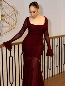 Melissa Matos Burgundy Square Neck Asymmetrical Hem Ruffle Sleeves Elegant Sexy Dress Suitable For Romantic Date, Wedding, Party, Daily Wear, Gathering, Party, Night Outing, Nightclub, Burgundy Dress Long Sleeve Formal Dress Burgundy Dress Elegant Long Sleeve Dress Suitable For Romantic Date, Outing, Party, Wedding, Valentine's Day - Burgundy - View 4