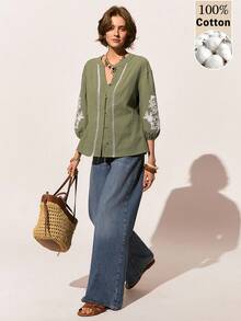 Poéselle 女士休闲花卉刺绣前扣翻领棉质衬衫，可爱夏季上衣，外出上衣，优雅，适合度假、海滩、夏季穿着，日常、办公和休闲场合皆宜，春夏波西米亚灯笼袖绿色衬衫 - 綠色 - 查看 4