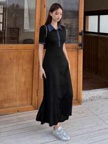DAZY Women's Contrast Color Korean Style Casual Long Sleeve Midi Dress Sundress - Black - View 1