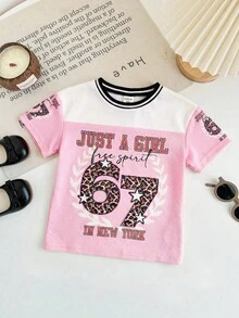 SHEIN Đầm ngắn tay cổ tròn in họa tiết hoa và khẩu hiệu cho bé gái, kiểu dáng thường ngày. - Nhiều màu - Xem 4