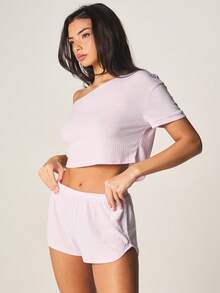 MISSGUIDED Lavender Ribbed Pointelle Off Shoulder Crop Top And High Waisted Shorts Lounge Set Summer Sleepwear Two Piece Pajama Outfit - Mauve Purple - View 4