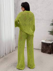 Women Hollow Out Cut Out Button Front Knit Shirt Top And Sweater Pant 2pcs Set Co-Ords Cover Up Beach Set - Green - View 2