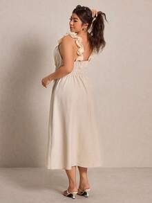 Elaquor Plus Size Women Solid Color Square Neck Ruched Waist Dress,Beige Summer Elegant Tea Party Wedding Guest Holiday Casual Beach Vacation Sun Dress - Apricot - View 2