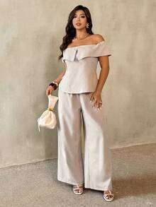 Auralis Plus Size Women's Casual Vacation & Commute Solid Color Foldover Off Shoulder Top And Wide Leg Pants Set, Spring/Summer, Summer Outfits - Khaki - View 4