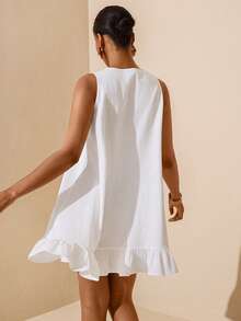 Vesra Vestido corto de mujer de línea A, sin mangas, holgado, con volantes en el bajo - Blanco - Ver 2