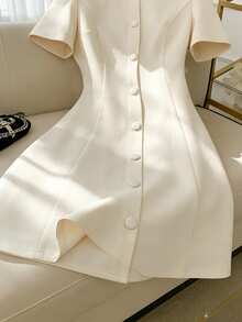 GlowEve Vestido elegante y romántico con cuello y cintura en línea A, sofisticado para ir al trabajo y salidas casuales - Albaricoque - Ver 5