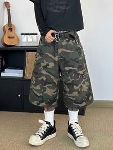 STEELVANCE Streetwear Vintage Camouflage Denim Jeans With Contrast Color Patchwork, Rivet Decor, Relaxed Loose Fit Wide Leg Straight Cargo Shorts - Army Green - View 7