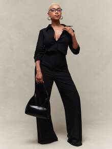 Vixey Textured Woven Pointed Collar Button Up Wide Leg Jumpsuit - Black - View 3