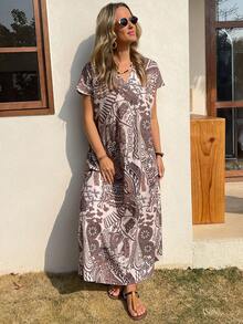 Vivie Lora Women's V-Neck Loose Brown Floral Print Dress Summer Sundress Boho Vacation Outfits Women - Brown - View 4