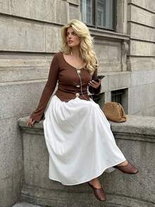 Dripcurv Chân váy dài thanh lịch màu trắng bằng satin dành cho nữ cỡ lớn mùa thu/đông, kiểu dáng đón năm mới, ngày lễ tình nhân, mùa xuân. - trắng - Xem 4