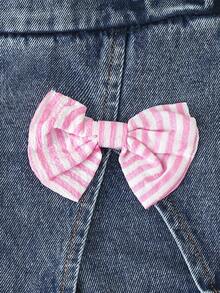 SHEIN 2pcs Baby Girl Summer Casual Striped Bow Print Camisole And Denim Skort Set - Pink - View 5