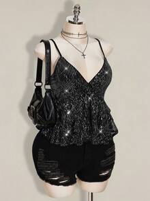 SHEIN ICON Plus Size Fashionable Party Sequin Ruffle Hem Camisole, Summer Tops - Silver - View 6
