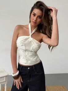 Aloruh 浪漫约会度假婚礼露背吊带薄纱纹理女式背心 - 白色 - 查看 4