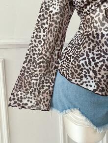 Comfortcana Áo nữ cỡ lớn in họa tiết da báo cổ điển tay phồng cổ vuông, thích hợp cho mùa Thu/Đông. - Nhiều màu - Xem 3