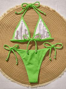 Swim Vcay Conjunto de bikini de unicolor para vacaciones en la playa - Verde militar - Ver 2