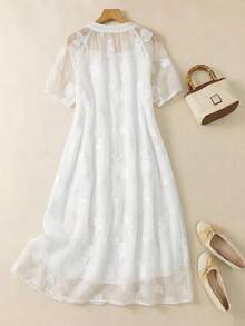 SHEIN LUNE 白色碎花浪漫休闲舒适中长连衣裙，适合春夏穿着 - Pearl White - 查看 3