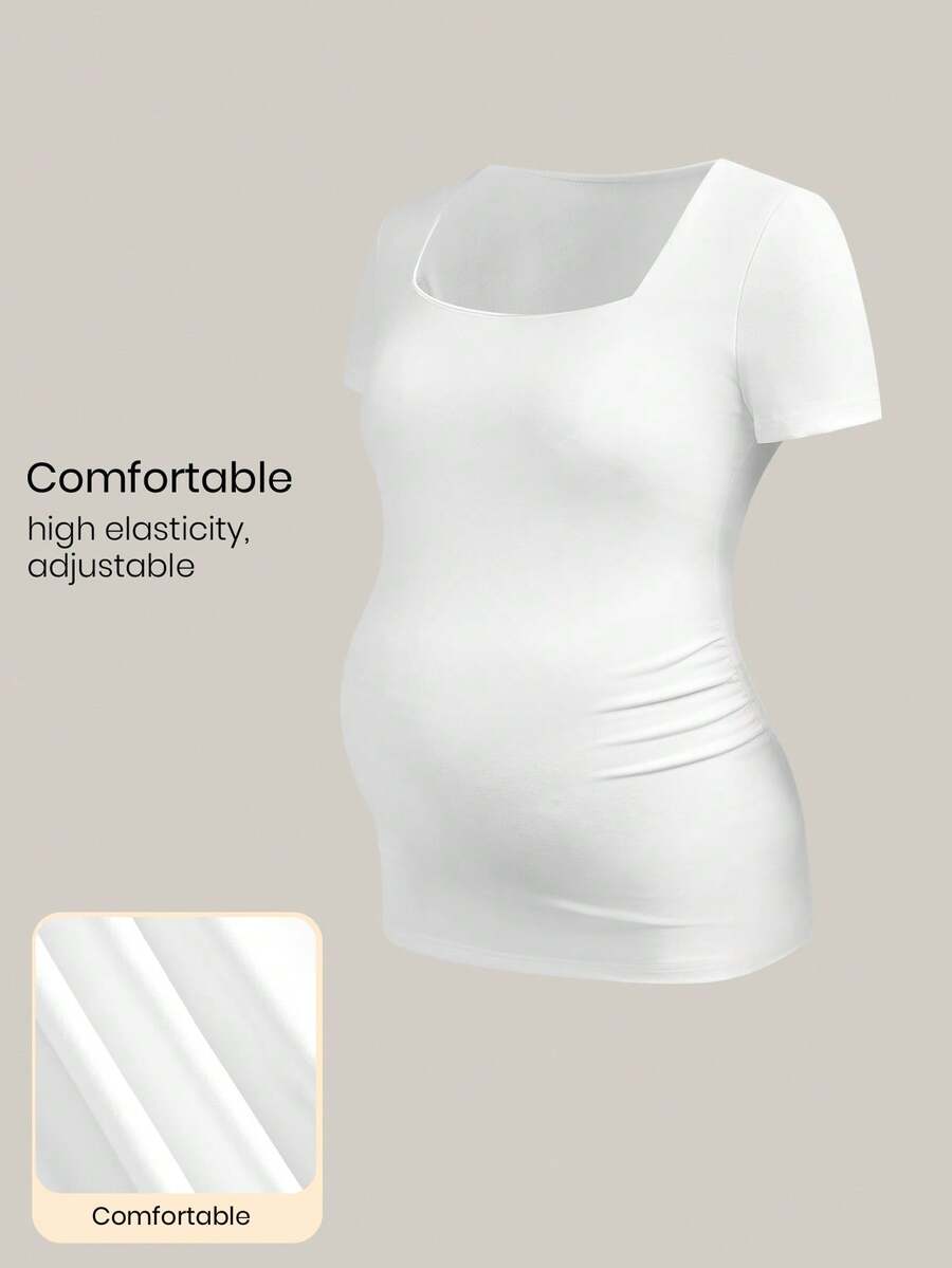 Modmama Camiseta ajustada de manga corta con cuello cuadrado y unicolor para maternidad - Blanco - Ver 1