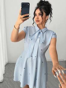 Elenzga Women's Casual Short Sleeve Collared Striped Button Shirt Dress With Flared Skirt - Multicolor - View 7