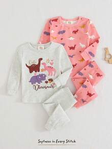 Cozy Pixies 女婴卡通图案针织柔软圆领长袖上衣和弹力腰带打底裤两件套贴身睡衣套装 - 彩色 - 查看 1