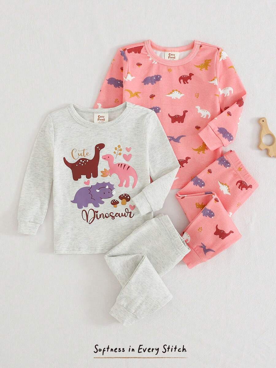 Cozy Pixies 女婴卡通图案针织柔软圆领长袖上衣和弹力腰带打底裤两件套贴身睡衣套装 - 彩色 - 查看 1