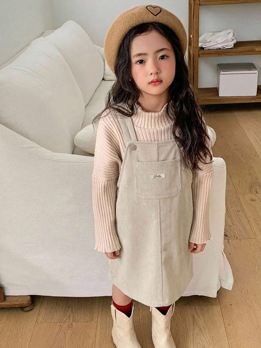 DAZY Robe décontracté à bretelles avec design de poche à lettres pour jeune fille - Beige - Voir 1