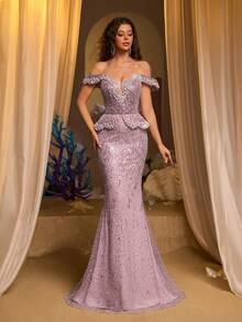 Glamrae 优雅奢华的露肩仿珍珠亮片V领鱼尾裙，适合婚礼、派对、度假、晚宴、正式场合（装饰繁复） - 藕粉色 - 查看 5