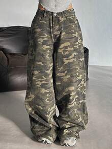 DAZY Women's Loose Fit Camouflage Denim Jeans, Korean Street Style Petite - Army Green - View 2