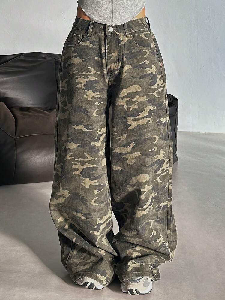 Women's Loose Fit Camouflage Denim Jeans, Korean Street Style