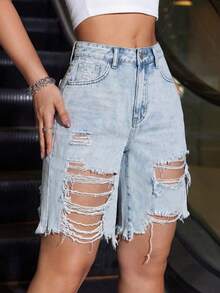 SHEIN ICON Celana Pendek Denim Sobek dengan Kantong untuk Wanita - Light Wash - View 6