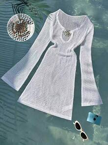 Trelyra Women's Hollow Out Knit Dress, Casual Beach Holiday - White - View 1