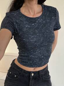 DAZY Women's Washed Embroidered Ruched Fitted Short Sleeve Stretch Denim Top - Grey - View 2