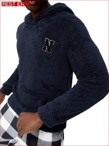 EasyFave Nhẹ, thoải mái, giản dị, thích hợp mặc ở nhà, mềm mại, sang trọng, chất liệu lông cừu san hô, phù hợp mặc ngoài, áo mặc nhà nam, áo thun có mũ, áo thun dài tay. - Màu xanh hải quân - Xem 1