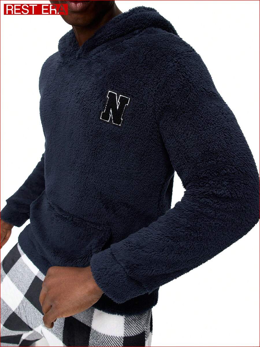 EasyFave Nhẹ, thoải mái, giản dị, thích hợp mặc ở nhà, mềm mại, sang trọng, chất liệu lông cừu san hô, phù hợp mặc ngoài, áo mặc nhà nam, áo thun có mũ, áo thun dài tay. - Màu xanh hải quân - Xem 1