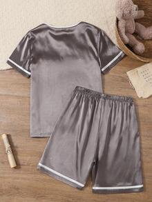2pcs Casual Comfortable Soft Solid Color Polo Collar Short Sleeve Top And Shorts Pajama Set For Teenage Boys - Dark Grey - View 2
