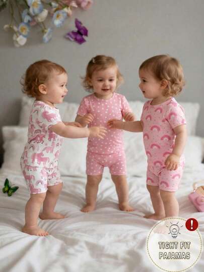 6pcs/3sets Baby Girls' Cute Polka Dot & Unicorn & Rainbow Print Crew Neck Stretchy Knit Tight Fit Short Sleeve Top And Shorts Casual Homewear Set