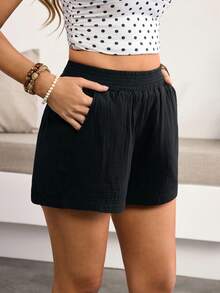 Breezaya 女士弹力腰宽松休闲百搭牛仔短裤 - 藍色 - 查看 5